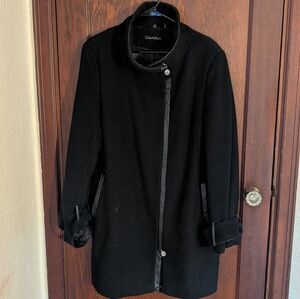 Calvin Klein Black Asymmetric Long wool coat Size 16